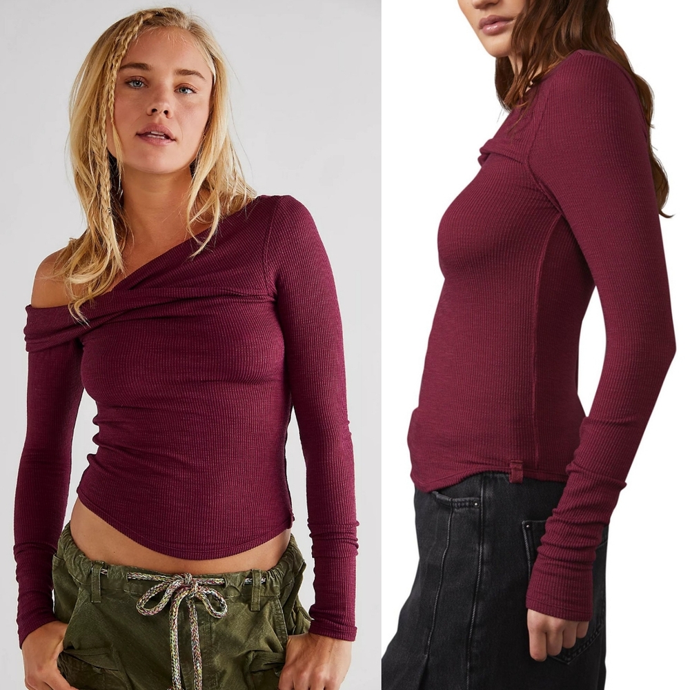 Free People We The Free Addie Layering Lomg Sleeve Ribbed Shirt Top XL in Wine